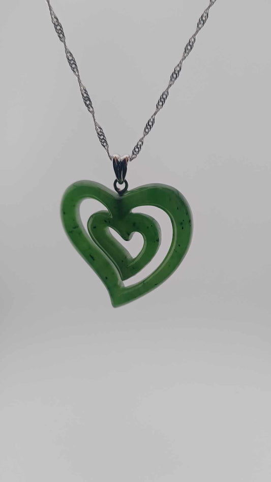 Double Heart Nephrite Jade Pendant - Sterling Silver Chain