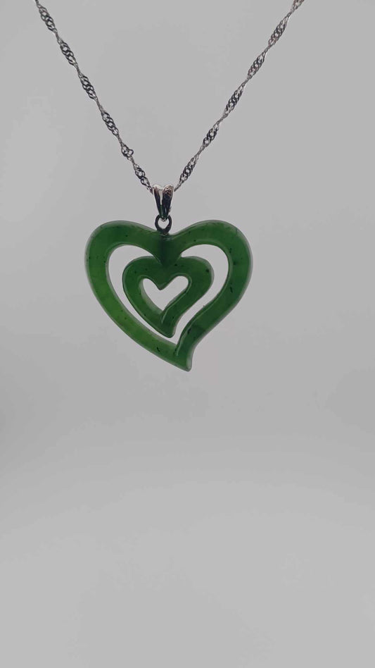 Double Heart Nephrite Jade Pendant - Sterling Silver Chain