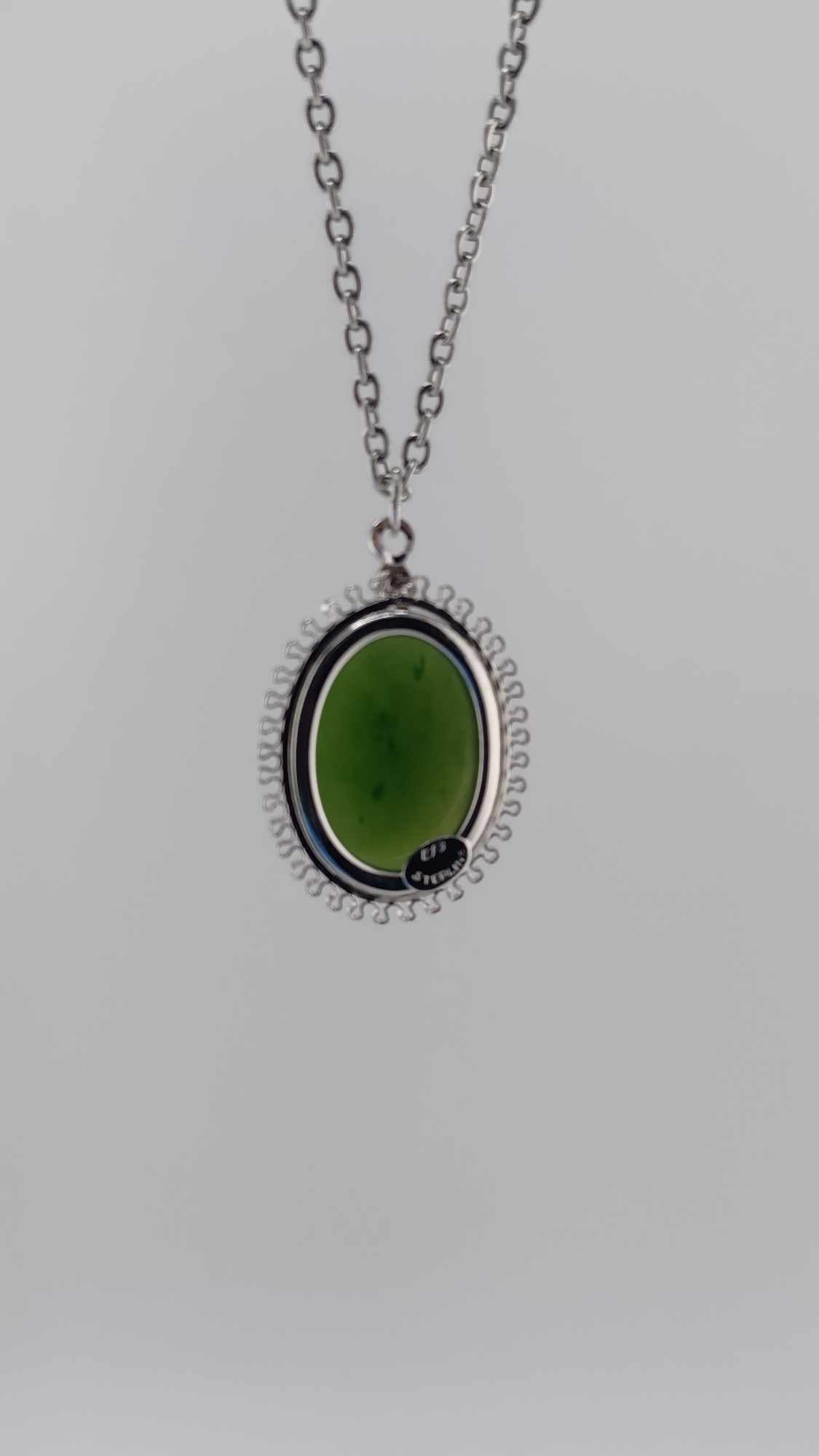 back of British Columbia Nephrite Jade Cabochon Pendant Necklace in Sterling Silver Setting