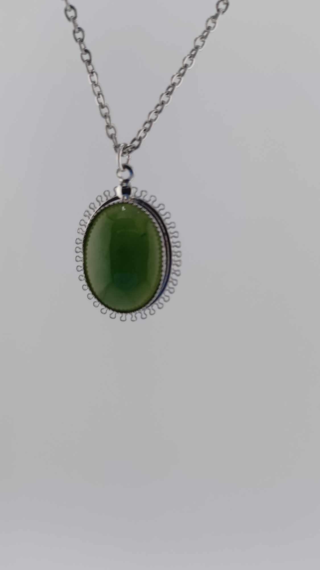 British Columbia Nephrite Jade Cabochon Pendant Necklace in Sterling Silver Setting hanging